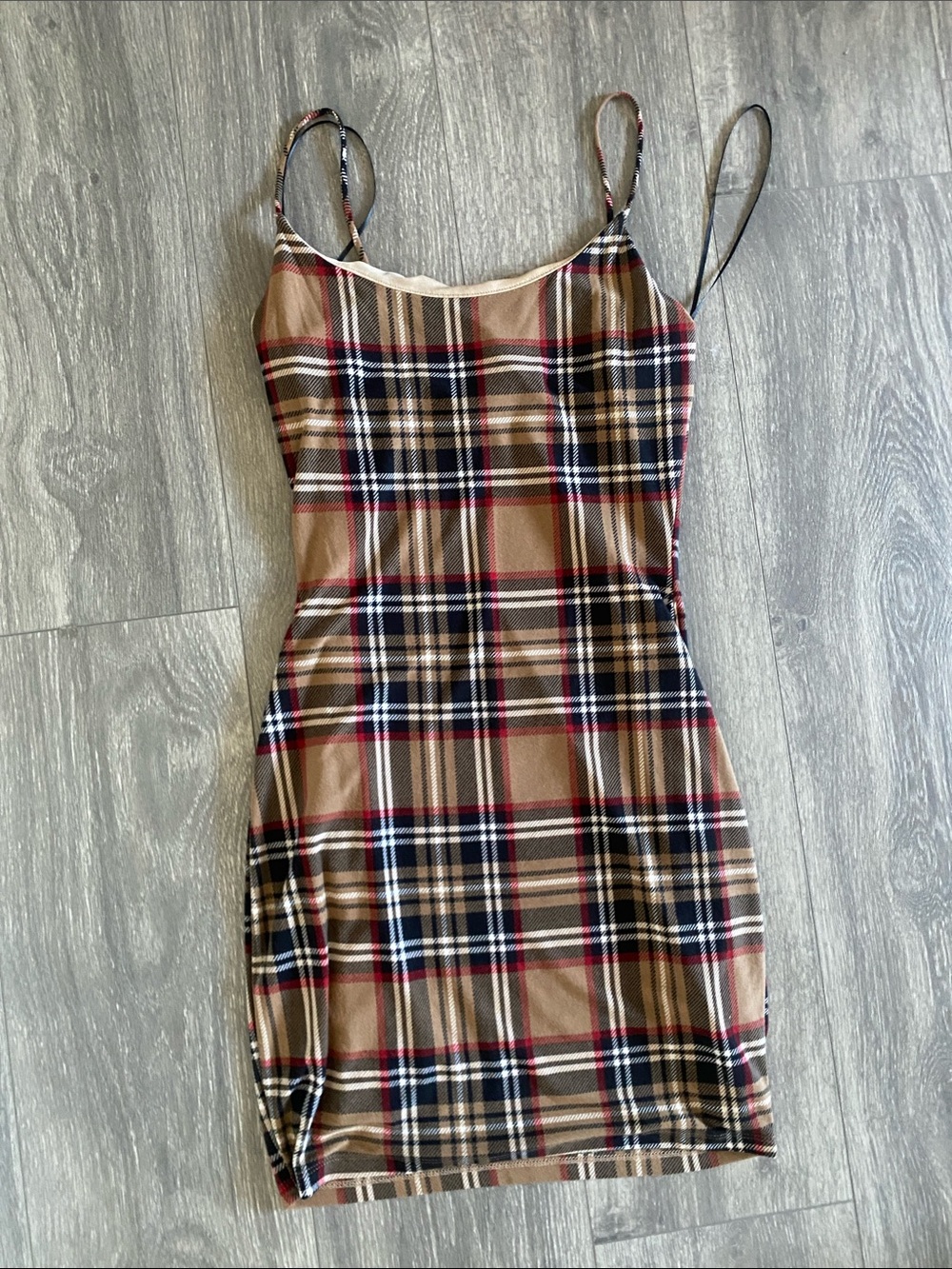 Windsor Tan Plaid Spaghetti Strap Bodycon Dress